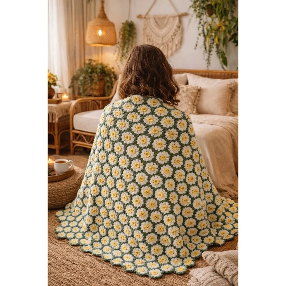 VTG 70s‎ Crochet Sunflower Crochet Blanket 65x65 Boho Granny Square Cottagecore